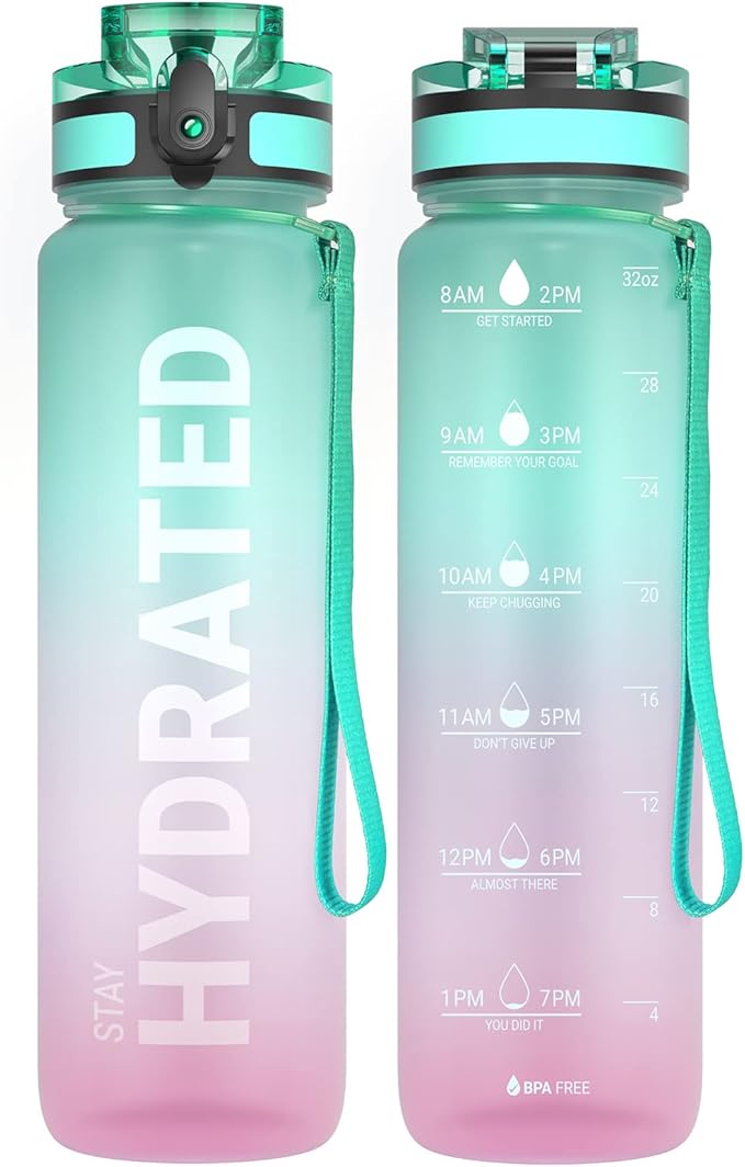 Sahara Sailor Water Bottle 32oz, Tritan Sports Bottle with Time Marker | Bpa Free, Leakproof Wide Mouth With Fast Flow Lid And Cleaning Brush, For Gym School Office Travel, 1 Count