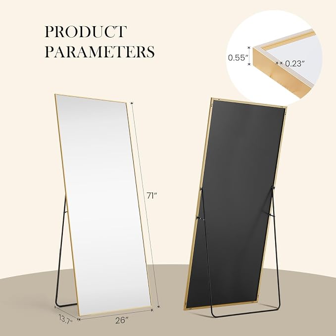 DUMOS 71"x26" Full Length Mirror, Full Body Mirror, Gold | Aluminum Alloy Thin Frame, Leaning or Hanging, Suitable for Bedroom, Livingroom, Cloakroom