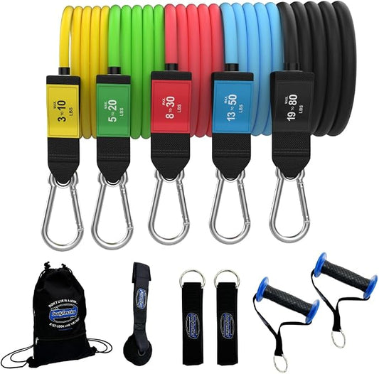 Bodylastics Patented Basic Series Resistance Band Set - Resistance Bands with Snap Reduction Tech, 2 Handles, 2 Ankle Straps, 1 Door Anchor & 1 Carry Bag