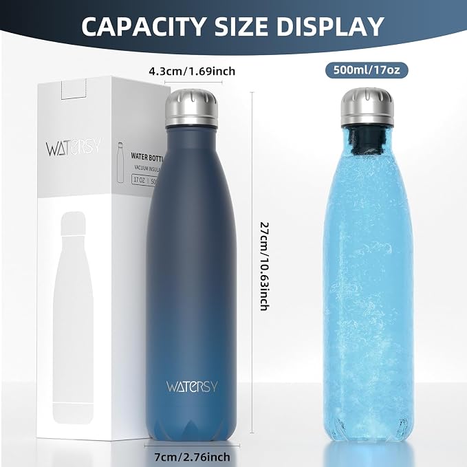 WATERSY Stainless Steel water bottles,17oz/500ml Insulated Water Bottle | Blue Green metal water bottle Keeps Drink Cold and Hot,BPA Free kids water bottles for School,Gym,Travel,Sports