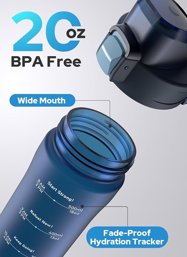 Opard Zip 20oz Plastic Water Bottle Dishwasher Safe, Leakproof Flip-Top Lid, BPA Free Tritan, Wide Mouth Reusable Kids Water Bottle for School Hiking Commuting Outdoor Travel and Gym