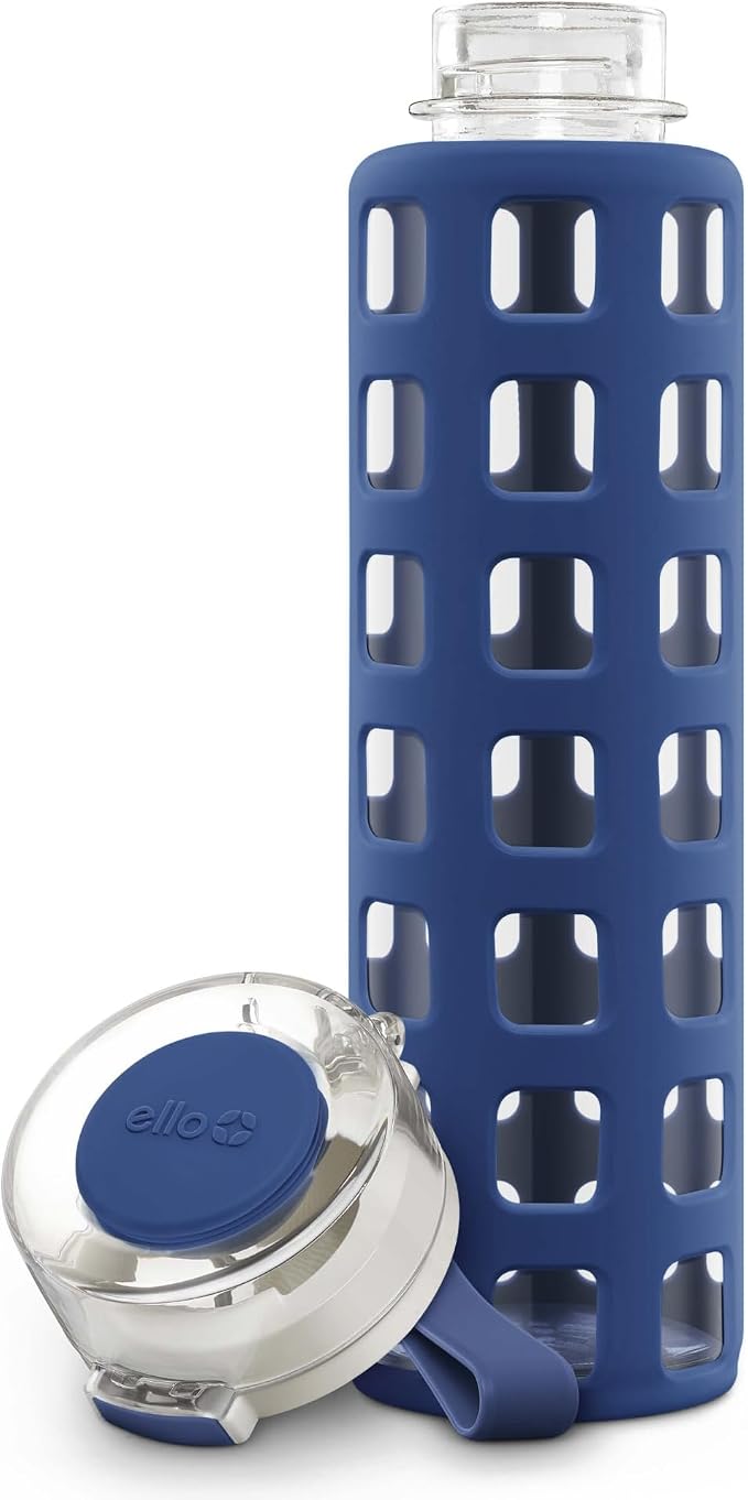Ello Syndicate 20oz Glass Water Bottle with Flip Lid and Sleeve, Bold Blue | Glass water bottle for iced drinks with leakproof flip lid, silicone sleeve, carry loop, BPA-free, and dishwasher safe
