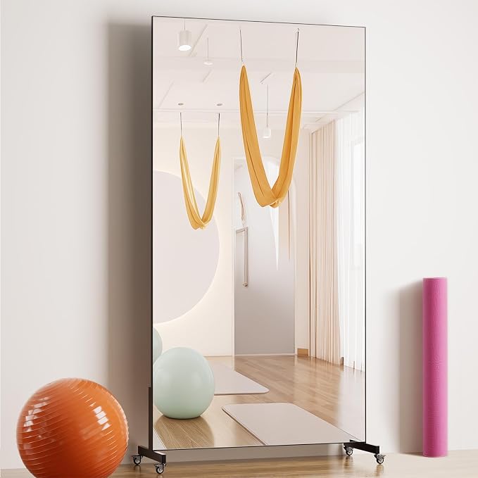 Home Gym Rolling Mirror 82"x44" – Extra Large Full Length Mirror with Wheels, Mobile Tempered Glass Floor Mirror, 360° Swivel, for Workout, Garage, Dance Studio, Yoga, Bedroom, Black