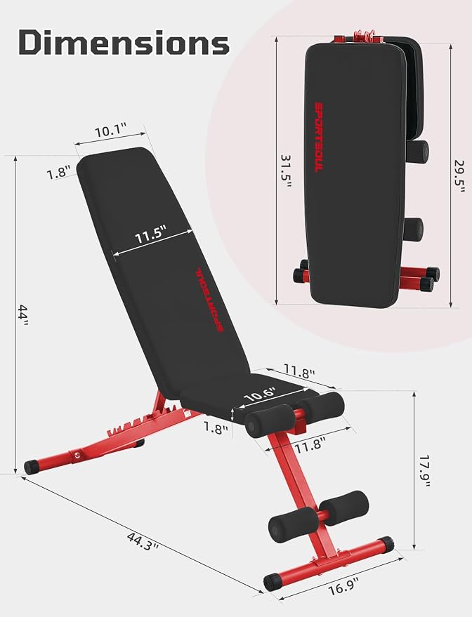 SPORTSOUL 880LB Weight Bench, 8-Position Backrest Adjustable Workout Bench | Foldable Weight Bench for Home Gym Strength Training – Incline Decline Flat, Compact for Small Space Apartment Room Garage