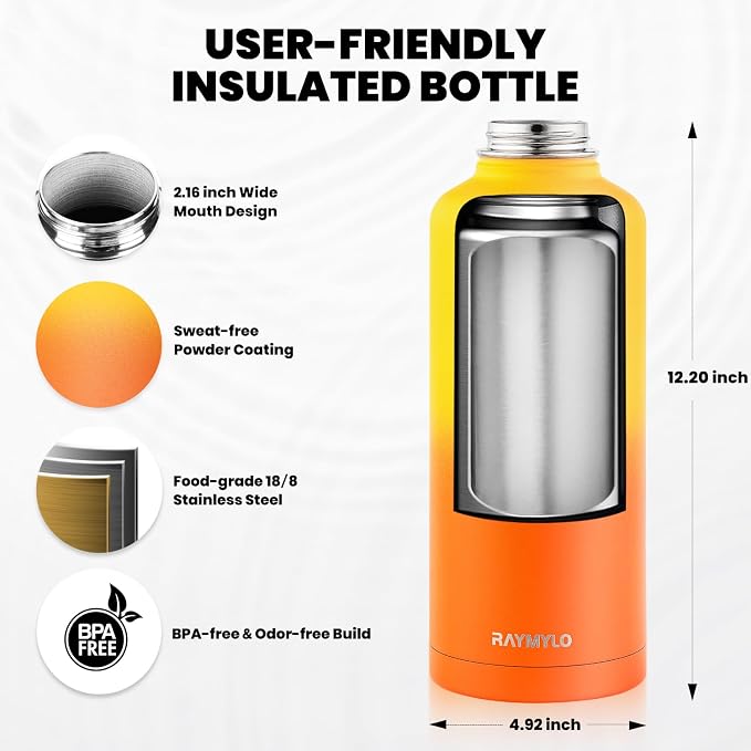 RAYMYLO Insulated Water Bottle 87 oz, Triple Wall Vacuum Stainless Steel | Cold for 48 Hrs), Leak Proof & Non-BPA, Modern Water Flask Jug with Paracord Handle & Straw Spout Lids, Ombre Orange