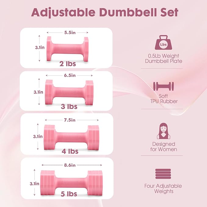 EQUIPRO Adjustable Dumbbell Set, 4 in 1 Free Weights Dumbbells Set for Women, Weights for Women at Home, 2lb 3lb 4lb 5lb with TPU Soft Rubber Handle for Home Gym Exercise Training
