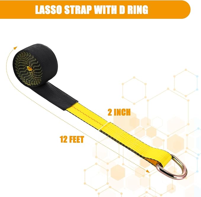 8 Pack 2" x 12ft Lasso Tow Truck Straps with D Ring 11, 000 Lbs Break Strength D Ring Auto Tie Down Wheel Lift Trailer Strap for Hauling Utv SUV Wrecker Rollback (Yellow)