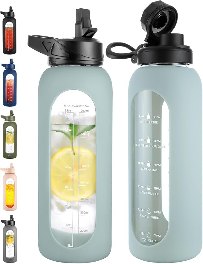 CIVAGO 40 oz Glass Water Bottle with Straw, Large Motivational Water Jug | Time Marker, 2 Leakproof Lids, Wide Mouth, Water Flask Cup with Handle and Silicone Sleeve, for Gym, Sports, Juices, Sage