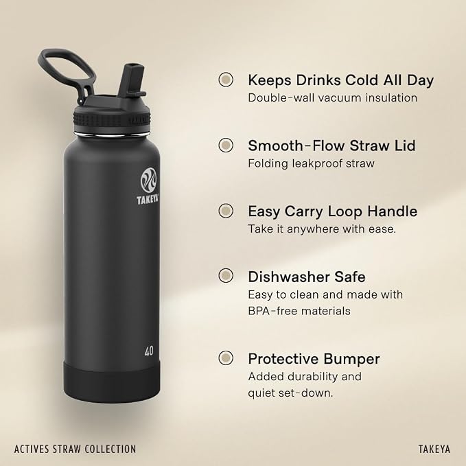 Takeya 40 oz Actives Stainless Steel Water Bottle with Straw Lid – Leakproof, Double-Wall Insulated, Keeps Drinks Cold 24 hrs/Hot 12 hrs, BPA-Free, Powder-Coated, Gym & Travel, Honeycomb