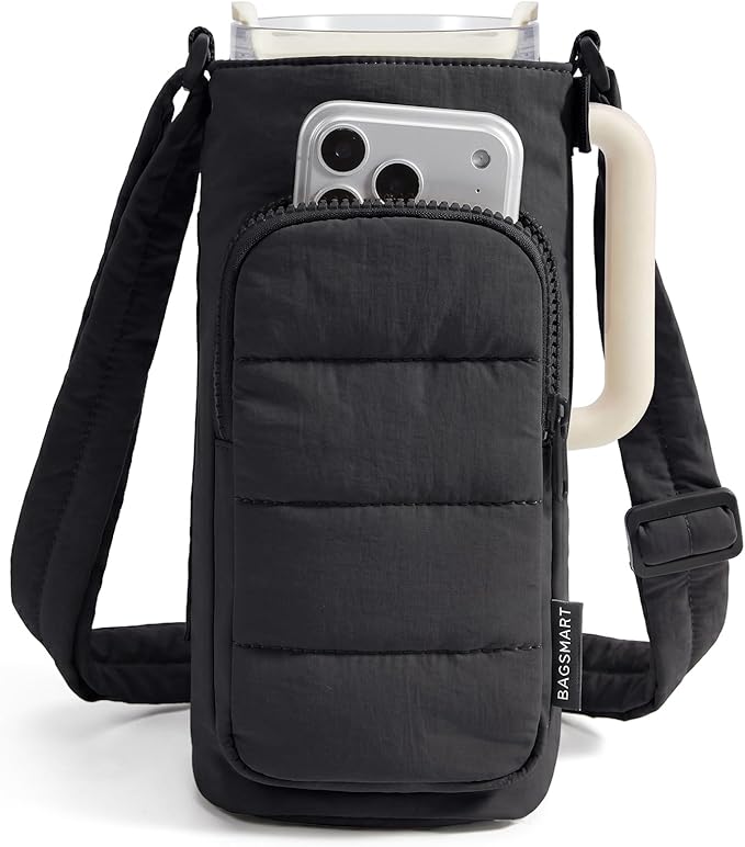 BAGSMART 40oz Water Bottle Holder with Strap, Quilted Gym Accessories | Magnetic or Classic Design, Lightweiht Tumbler Drink Carrier, Quilted Crossbody Purse