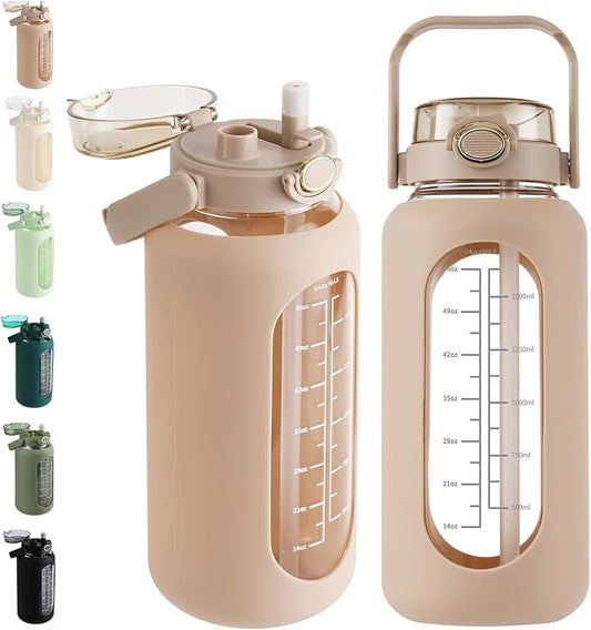 64 oz Glass Water Bottle with 2-in-1 Straw Lid Large Half Gallon Water Bottle with Time Marker & Removable Silicone Sleeve,Wide Mouth BPA-Free Borosilicate Bottle for Gym, Workout & Daily Use