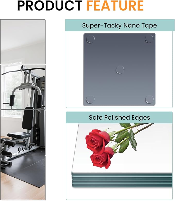 Full Length Wall Mirror Tiles, HD Glass Home Gym Mirror, 12Pcs 12"x10" Wall Mounted Mirrors for Home Gym, Dance Yoga Studio, Bedroom, Door