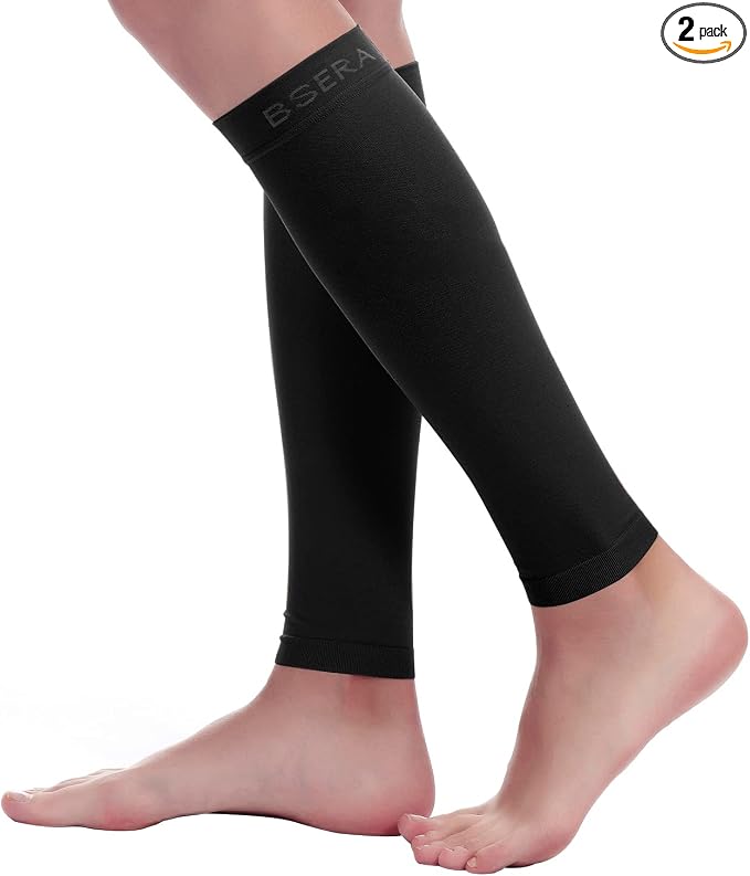 BSERA Calf Compression Sleeve Women, 2 Pairs 15-20mmHg Calf Support Footless Compression Socks Stockings for Shin Splints, Varicose Veins, Recovery (Black, Large)