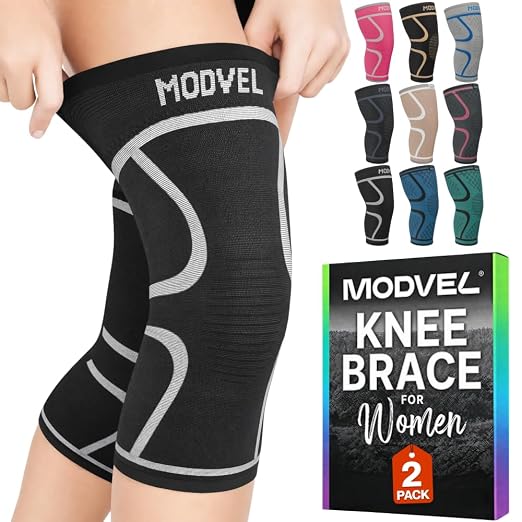 Modvel 2 Pack Knee Brace for Women - Knee Support for Walking, Knee Compression Sleeves for Pain Relief, Knee Sleeves for Women, Knee Brace for Sports, Workouts & Arthritis
