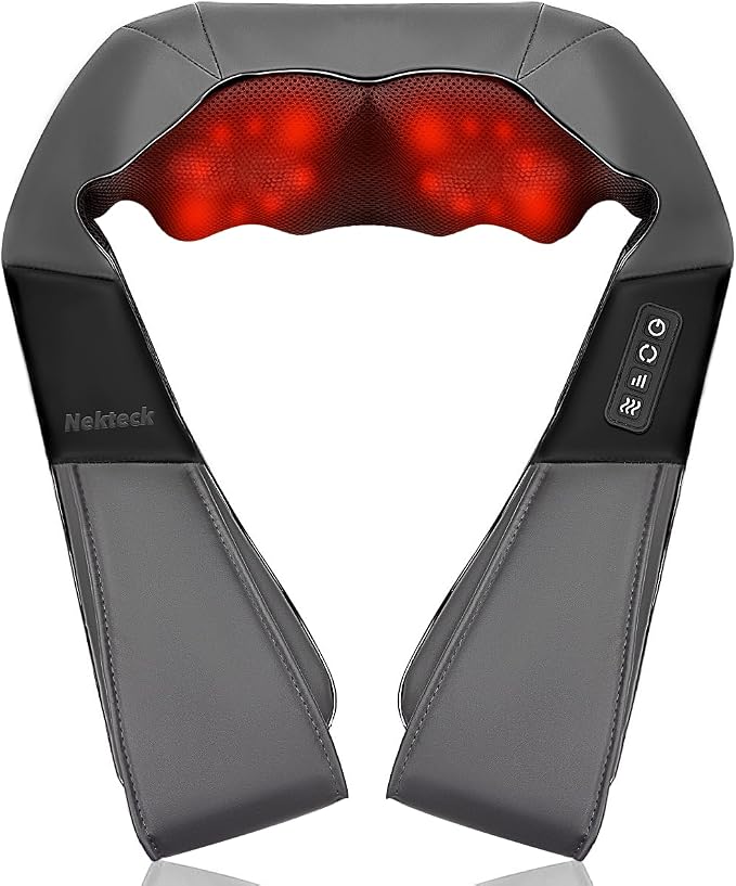 Nekteck Shiatsu Neck Massager with Heat for Pain Relief, Gray, NOT Cordless | 2026 Upgraded 3D Back Shoulder Kneading Massage Pillow, 3 Intensity Speeds Deep Tissue, Relaxation Gifts for Men Women