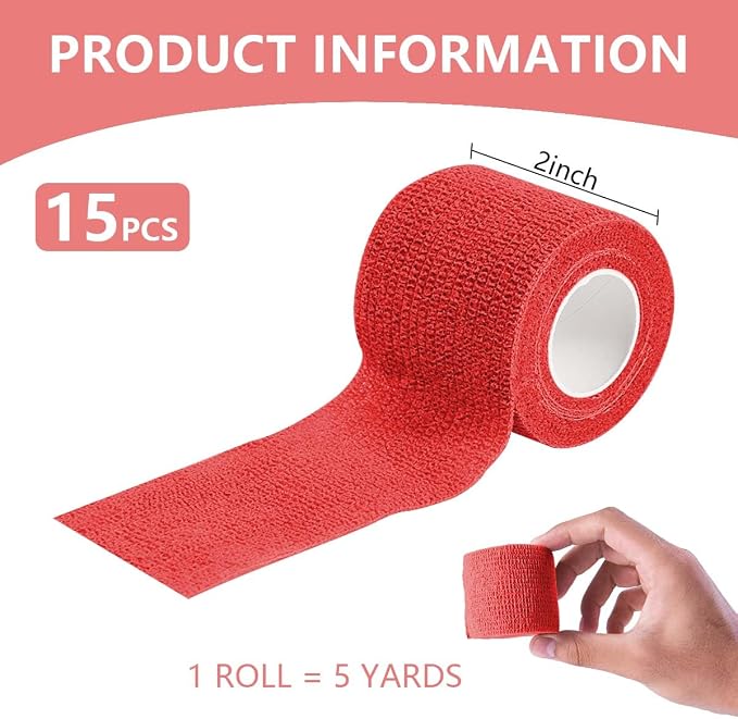 KISEER 15 Pack 2 Inch x 5 Yards Red Self Adhesive Bandage Breathable Cohesive Bandage Wrap Rolls Elastic Self-Adherent Tape for Stretch Athletic, Sports, Wrist, Ankle