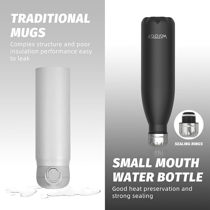 WATERSY Stainless Steel water bottles,17oz/500ml Insulated Water Bottle | Black metal water bottle Keeps Drink Cold and Hot,BPA Free kids water bottles for School,Gym,Travel,Sports