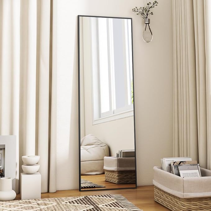 VooBang Mirror Full Length, 18" x 58" Floor Mirror with Stand | Aluminum Alloy Frame Full Body Mirror, Standing Hanging or Leaning Against Wall for Bedroom and Living Room, Black
