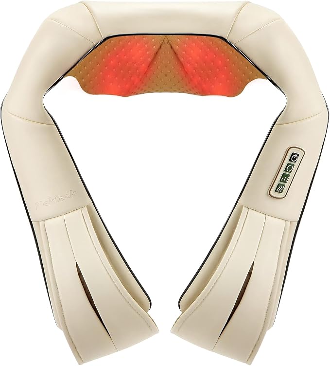 Nekteck Shiatsu Neck Massager with Heat for Pain Relief, NOT Cordless | 2026 Upgraded 3D Back Shoulder Kneading Massage Pillow, 3 Intensity Speeds Deep Tissue, Relaxation Gifts for Men Women, Beige