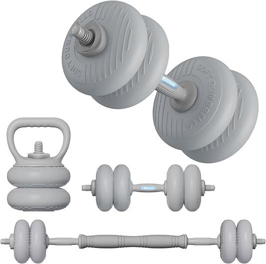 Adjustable Dumbbell Set 13LB/18LB/22LB/35LB, 4-in-1 Soft Shell Weight Set with Connector, Converts to Barbell & Kettlebell, Strength Training Equipment for Home Gym, Ideal for Women & Beginners