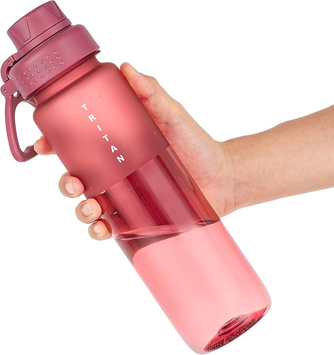 OLDLEY 32oz Water Bottle with Handle, BPA-Free Tritan Reusable Sports Water Bottle with Leak-Proof Dust Lid, Wide Mouth, Cup Holder Friendly, Half Frosted Clear Bottle for Gym,Travel, Work,Coral Pink
