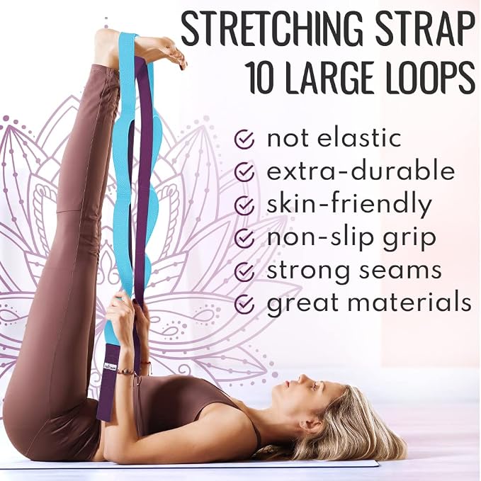 TECEUM Stretching Strap with 10 Loops for Physical Therapy & Rehab | Non-Elastic Yoga Stretch Band for Hamstring, Leg, Hip & Knee Rehab, Pilates, Flexibility & Mobility Exercises for Men & Women