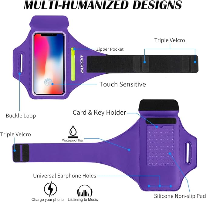 Cell Phone Running Armband with Airpods Zipper Pocket Armband Case Running Holder for iPhone 16/15/ 14/13 / 12 /11Pro Max,Galaxy S20 S10,Sweatproof Arm Band with Card/Key Bag