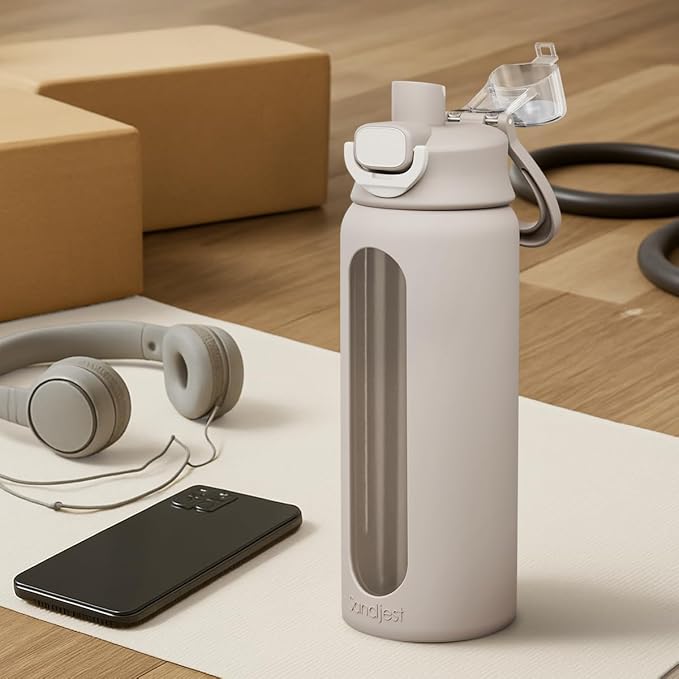 SANDJEST Glass Water Bottle with Silicone Sleeve 24oz with Lid, Motivational Time Marker, Drinking Hydration Glass Bottles for Men Women, Gym Travel Sports (Gray)