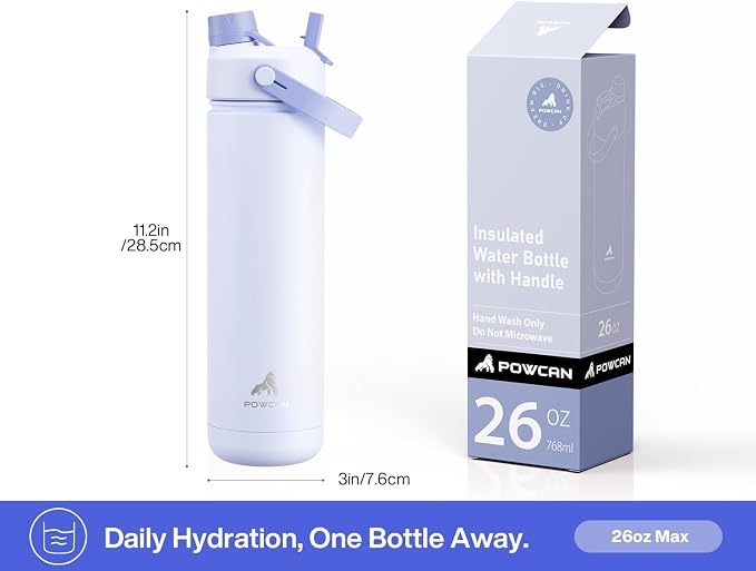 POWCAN 26 oz Insulated Water Bottle with 2-in-1 Straw and Spout Lid, Keep Cold 24H, Leak-Proof, Fits in Car Cup Holder, Stainless Steel Water Bottle for Sports, Travel, and School (Lupine)