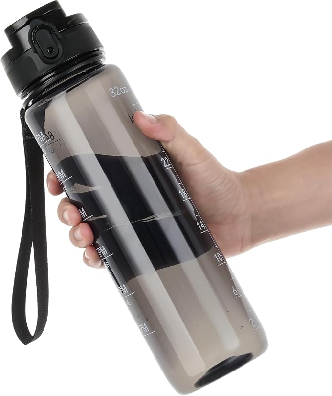 OLDLEY Water Bottle, 32oz Motivational Sports Water Bottle with Time Marker - Times to Drink - Tritan, BPA Free, Wide Mouth Leakproof,Clear Black