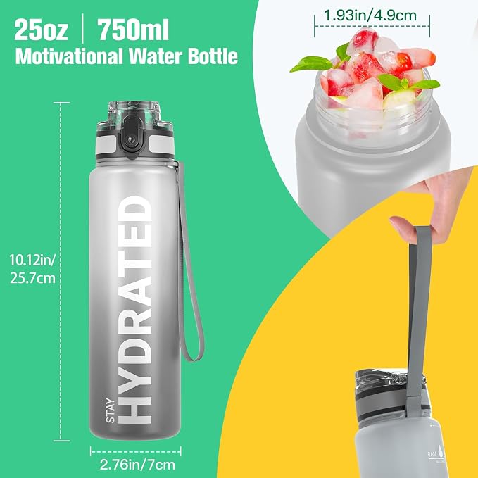 Sahara Sailor Water Bottle 25oz, Tritan Sports Bottle with Time Marker | Bpa Free, Leakproof Wide Mouth With Fast Flow Lid And Cleaning Brush, For Gym School Office Travel, 1 Count