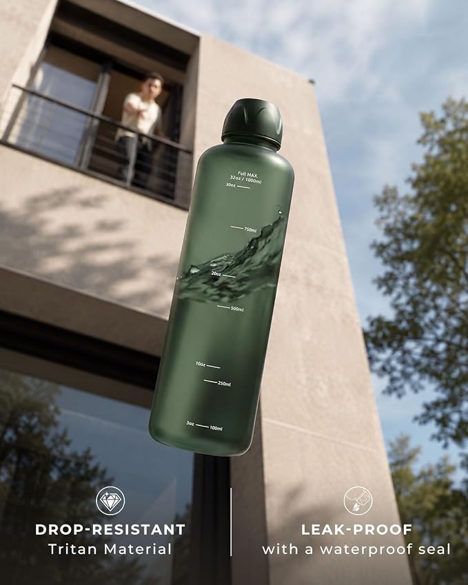 Slim Water Bottle 32 OZ with Stainless Steel Lid, Dishwasher Safe 1 Liter Plastic Water Bottle BPA-Free, Leakproof Lightweight with Time Marker, Reusable for Running School Sport Gym Travel Hiking
