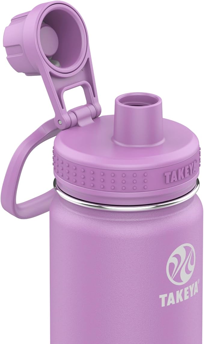 Takeya Actives Stainless Steel Water Bottle, Insulated Spout Lid, Keeps Drinks Cold 24 Hrs, Leakproof, Durable, Dishwasher Safe, Ideal for Gym, Travel, Fits Most Cup Holders, 22 oz/Lilac