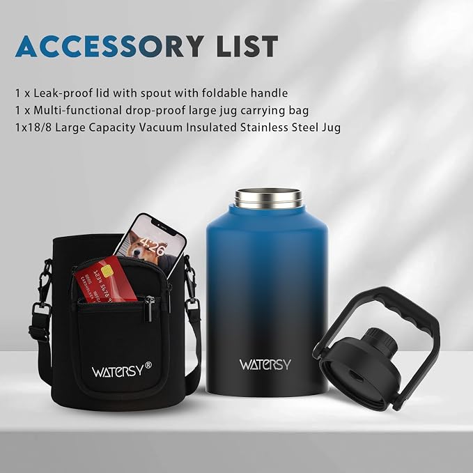 WATERSY Half Gallon Water Bottle Insulated(Cold for 48 Hrs),BPA Free&Leak Proof,64oz Stainless Steel Water Jug/Flask,Big thermo,Large Water Bottle with Handle for Gym,Hiking,Camping,Gradient Blue