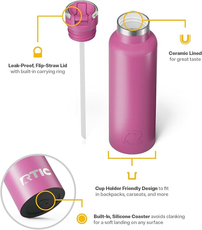 RTIC 20oz Journey Water Bottle Ceramic Lined Metal Stainless Steel Vacuum Insulated, BPA Free, Reusable, for Water, Hot and Cold Drinks, Travel, Sports, Camping, Orchid