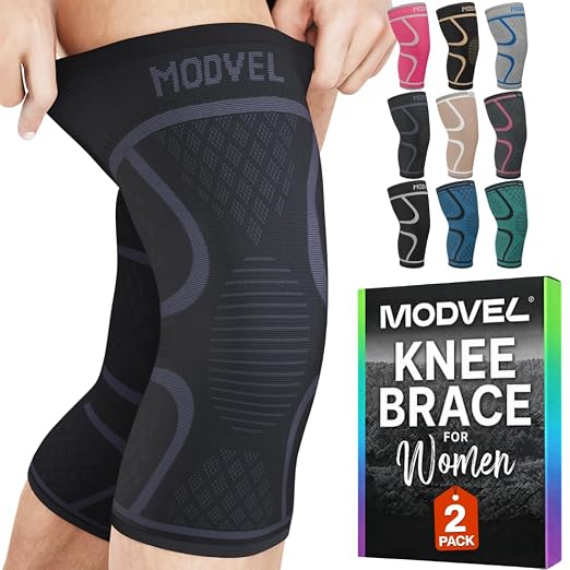 Modvel 2 Pack Knee Brace for Women - Knee Support for Walking, Knee Compression Sleeves for Pain Relief, Knee Sleeves for Women, Knee Brace for Sports, Workouts & Arthritis