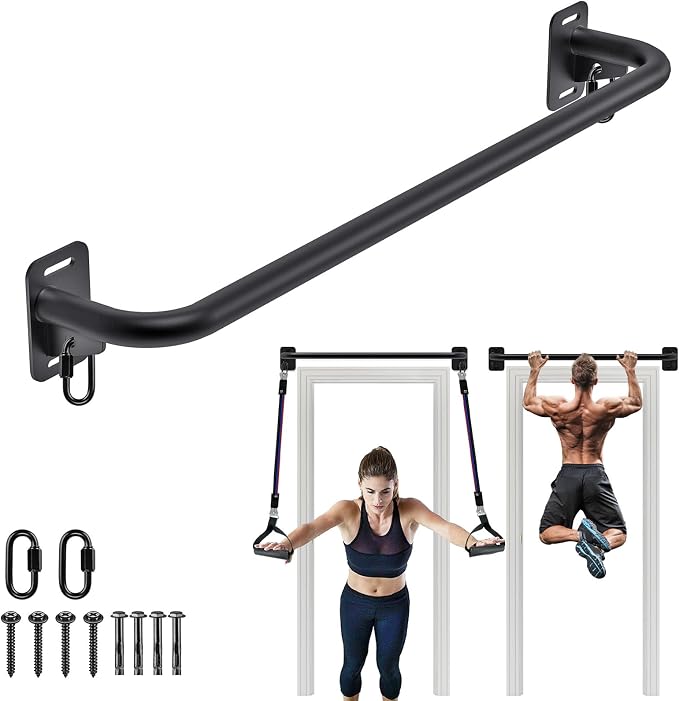 Pull Up Bar Wall Mount 440 LBS Capacity Doorway Chin Up Bar Multifunctional Steel Chinup Bar with with Resistance Band Hooks for Indoor Home Gym Garage