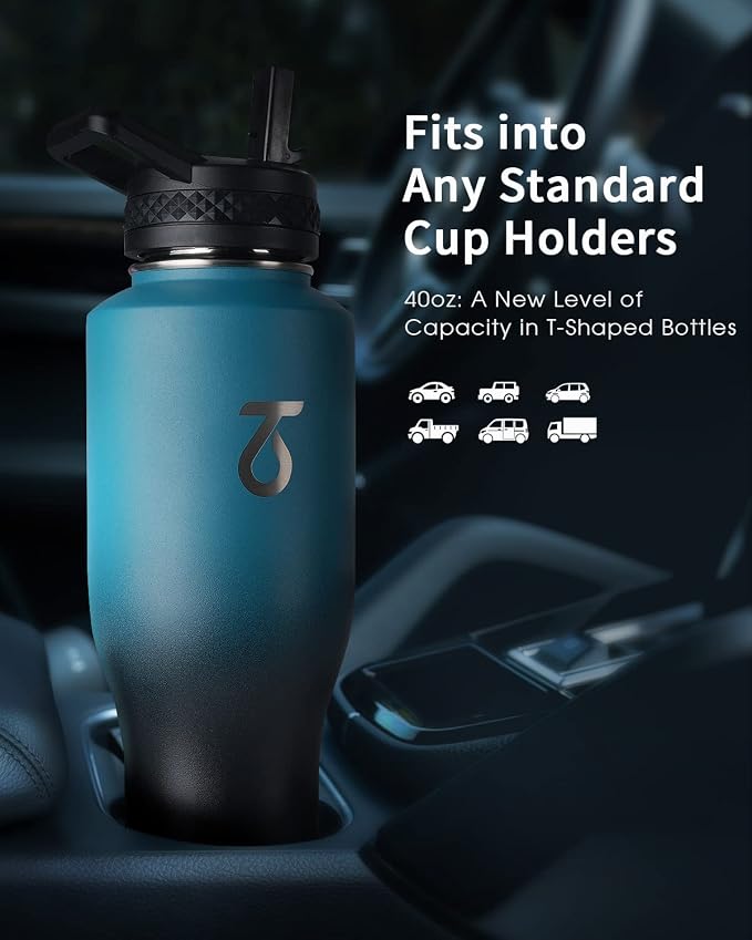 Trebo 40 oz Water Bottle Insulated Fit in Any Car Cup Holder with 2 Lids | Stainless Steel T-shape Tumbler with Paracord Handle, Triple Wall Vacuum Copper Plated, Cold 48 Hrs for Travel, Wide Mouth