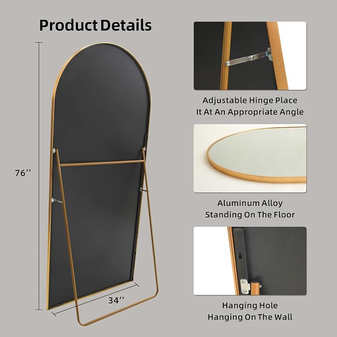 LFT HUIMEI2Y 76"x34" Arch Full Length Mirror, Gold Floor Mirror | Tempered Oversized Mirror Full Body with Aluminum Alloy Frame; Standing, Leaning, or Wall Mount for Bedroom, Living Room