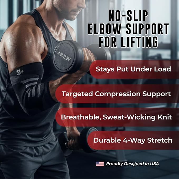 Nordic Lifting Elbow Compression Sleeve & Brace for Weightlifting | These elbow compression sleeves provide support that holds firm through weightlifting and strength training during gym days