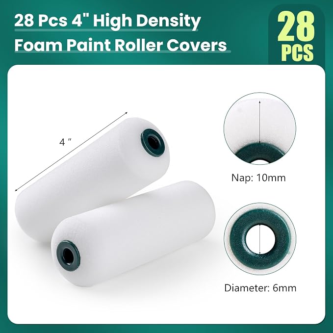 4 Inch Foam Paint Roller Covers 28 Pack | Small Paint Roller Kit, High Density Foam Paint Roller Covers, Mini Paint Rollers for Painting Walls, Home Painting Supplies