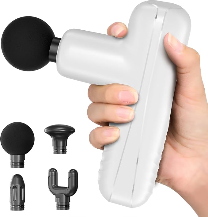 Mini Massage Gun, Powerful Handheld Muscle Massager for Muscle Relaxation, Deep Tissue Percussion Small Massage Gun Travel Massager with 4 Massage Heads Silent Brushless Motor, White