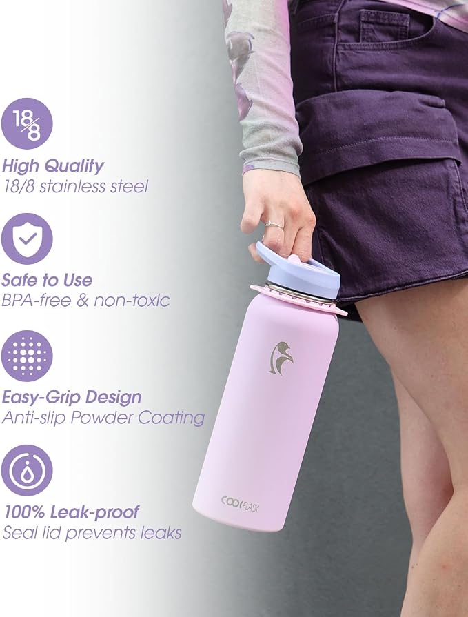 Coolflask 32 oz Water Bottle Insulated Stainless Steel with Strap | Metal Water Flask with Straw & Spout Lids, Triple-Wall, Cold 48+h, Dishwasher Safe, Leakproof, BPA-Free, for Gym & Hiking