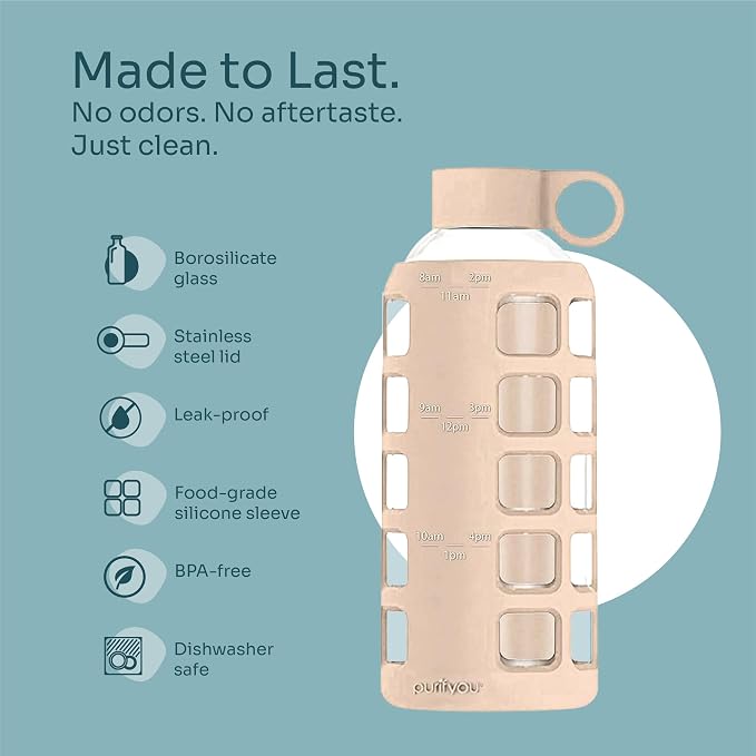 purifyou 40oz / 32oz / 22oz / 12oz Borosilicate Glass Water Bottle with Time & Volume Markers, Silicone Sleeve, Stainless Steel Lid | Reusable Glass Bottle for Water & Juice (22oz Hazelnut)
