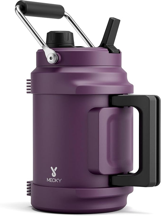 64 oz Insulated Water Bottle for Gym: Meoky Triple Wall Vacuum Stainless Steel Half Gallon Water Jug - Top and Side Handles, 2-in-1 Straw and Spout Lid, Cold for 36 Hrs, Leak Proof for Camping (Plum)