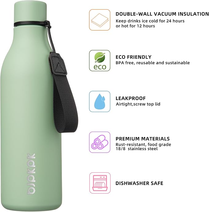 BJPKPK 25oz Insulated Water Bottle, Stainless Steel Bottle with Carry Strap | Keep Cold & Hot Vacuum Insulation, Leak-Proof BPA-Free Design, Slim Bottle Fits Most Cup Holders for Gym, Office & Travel