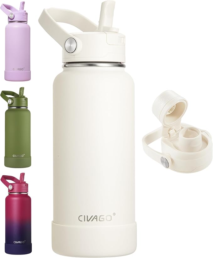 CIVAGO 32 oz Insulated Stainless Steel Water Bottle with Removable Straw | Large Leakproof Metal Water Jug, Sports Thermal Flask Cup with Bucket Handle, Silicone Boot, Dishwasher Safe, BPA-Free, Cream