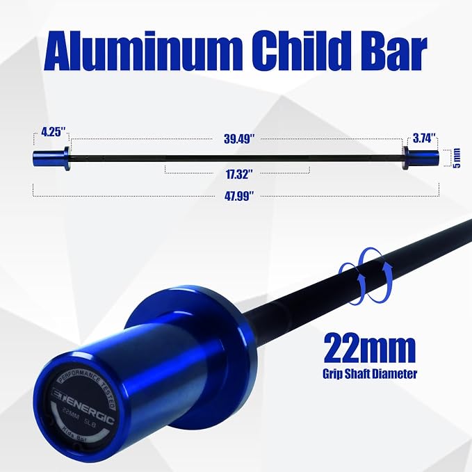 4FT 5LB Aluminum Kids Barbell, 70LB Capacity | Youth training bar with 22mm knurled grip, bearings, brass bushings, and 2-inch Olympic plate compatibility