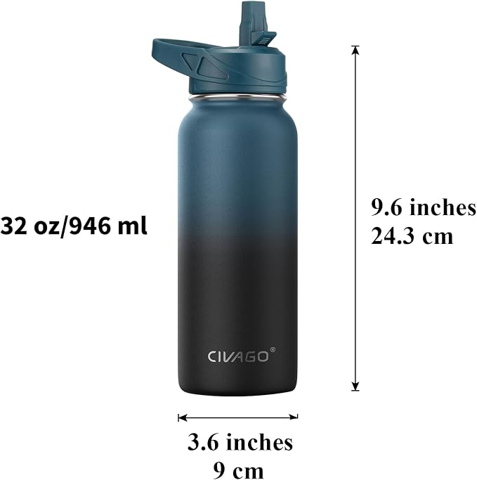 CIVAGO 32 oz Insulated Water Bottle With Straw, Stainless Steel Sports Water Cup Flask with 3 Lids (Straw, Spout and Handle Lid), Wide Mouth Travel Thermal Mug, Sage