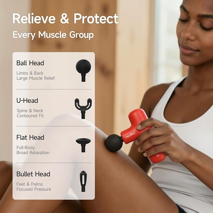 HEYCHY Super Mini Massage Gun Deep Tissue, Handheld Muscle Massager with 4 Heads, Percussion Travel Size Massager Gun FSA Eligible for Men Women Back Relief, Quiet for Home, Gym, Office, HSA, Red | 4 Heads for Back, Neck, Legs Muscle Relief, Portable f...